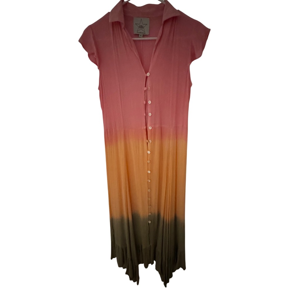 Area Stars Ombre Maxi Dress Pink Orange Green Button Front Handkerchief Hem XS